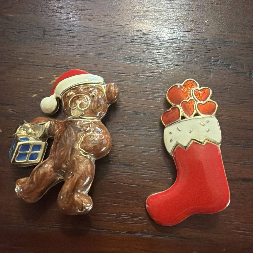 Edgar Berebi Christmas Brooch Pins Santa TeddyBear And Stocking Enameled
